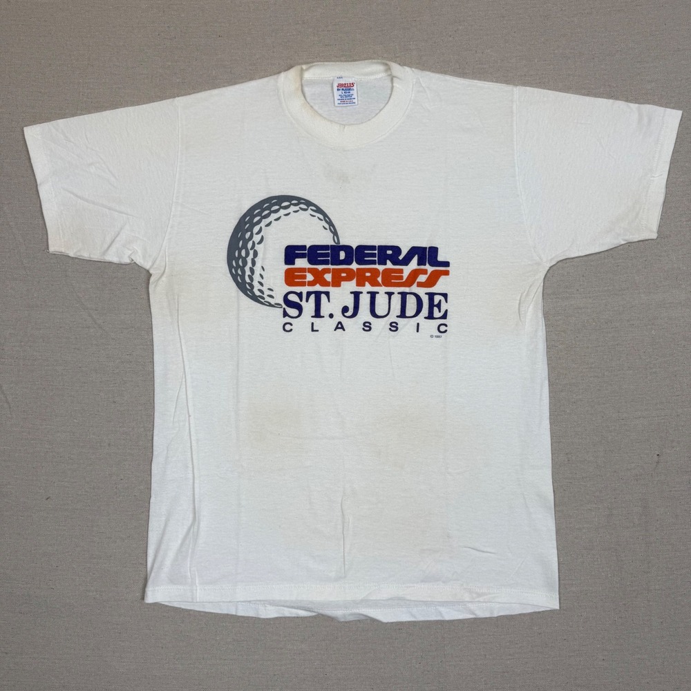 Vintage 1987 Fedex St Jude Classic White Jerzees T-Shirt L 19.5x26.5 80s Golf